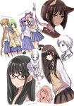  6+girls ;d animal_ears arms_behind_back black_hair black_legwear blonde_hair blue_eyes blush braid brown_eyes brown_hair cardigan cat_ears closed_eyes fang fish glasses green_eyes hairband headphones headphones_around_neck highres kneehighs lips long_hair multiple_girls one_eye_closed open_mouth original pink_hair pleated_skirt purple_hair red-framed_eyewear school_uniform serafuku short_hair sidelocks single_braid sitting sketch skirt sleeves_past_wrists smile sugano_manami sweater_vest v very_long_hair yokozuwari 