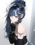  1girl bare_shoulders black_choker black_eyes black_shirt blue_hair breasts chiromi choker cleavage crop_top detached_sleeves ear_piercing glasses hair_ornament hairclip hand_up highres long_sleeves looking_ahead medium_breasts midriff original piercing ponytail rimless_eyewear shirt shoulder_tattoo solo spiked_choker spikes strapless strapless_shirt tattoo upper_body 