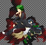  1boy 1girl alchemist_(ragnarok_online) black_coat black_hair black_pants black_shoes blue_eyes brown_cape brown_coat cape coat colored_shoe_soles commentary_request detached_sleeves fake_transparency full_body gold_trim green_hair green_shoes green_sleeves grin hair_over_one_eye long_hair looking_afar looking_at_viewer meiko_(nattu303) multicolored_coat pants priest_(ragnarok_online) purple_eyes ragnarok_online shaded_face shoes short_hair smile two-tone_coat 
