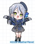  +_+ 1girl :d amagai_ruka black_boots blue_hair blue_ribbon blush boots braid chibi collared_shirt commentary_request copyright_name dotted_line fang frilled_sleeves frills full_body gloves grey_eyes grey_gloves grey_hair grey_jacket grey_skirt grid_background half_gloves highres jacket kadose_ara long_hair multicolored_hair neck_ribbon outstretched_arms plaid_clothes plaid_skirt pleated_skirt ribbon shirt skirt smile solo spread_arms standing streaked_hair two-tone_hair v-shaped_eyebrows very_long_hair virtual_youtuber weather_planet white_background white_shirt 