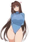  1girl absurdres anger_vein aozaki_aoko arms_behind_back blue_eyes blue_leotard breasts brown_hair commentary ebora english_commentary false_smile hair_intakes heattech_leotard highleg highleg_leotard highres large_breasts leotard long_hair looking_at_viewer mahou_tsukai_no_yoru ribbed_leotard ribbed_sweater sleeved_leotard smile solo sweater turtleneck turtleneck_leotard very_long_hair white_background 