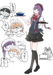  &gt;_&lt; 3girls ^^^ alternate_costume alternate_hairstyle apron artist_self-insert beret black_apron black_hat black_skirt black_socks bowl braid catching cerise_bouquet chibi chibi_inset commentary double_bun dropping food frilled_skirt frills full_body green_eyes grin hachiban_ramen_uniform hair_bun hat highres hinoshita_kaho holding holding_tray kneehighs layered_skirt link!_like!_love_live! long_hair love_live! miniskirt momose_ginko multiple_girls noodles official_alternate_costume official_alternate_hairstyle open_mouth otomune_kozue puffy_short_sleeves puffy_sleeves ramen shirt short_sleeves simple_background skirt smile socks solo_focus speech_bubble tray twin_braids very_long_hair virtual_youtuber white_background white_shirt zuisetsu 