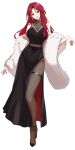  1girl :d aveera_veilthorn black_nails black_pantyhose black_shoes black_skirt bond_en bondlive breasts feather_boa full_body highres jewelry large_breasts long_hair looking_at_viewer nail_polish necklace official_art pantyhose red_eyes red_hair shoes side_slit simple_background skirt sleeveless smile solo standing transparent_background virtual_youtuber 