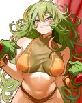  1girl absurdres bare_arms bare_shoulders bikini blush boku_no_hero_academia breasts bright_pupils brown_bikini commentary deku&#039;s_photo_of_hagakure_toru gloves green_bikini green_eyes green_gloves green_hair grin hagakure_toru hands_up highres large_breasts long_hair looking_at_viewer messy_hair mismatched_bikini multicolored_hair navel official_alternate_costume pink_streaks pointing pointing_at_self revision ringed_eyes smile solo spanish_commentary stomach swimsuit turtleneck_bikini_top two-tone_gloves unusually_visible vlizz white_pupils 
