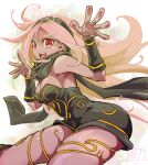  1girl anniversary bare_shoulders black_scarf blonde_hair breasts dark-skinned_female dark_skin dress gravity_daze gravity_daze_2 hairband highres kitten_(gravity_daze) long_hair looking_at_viewer pungter red_eyes scarf simple_background smile solo strapless thick_thighs thighs vambraces 