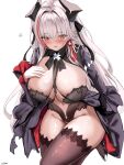 1girl admiral_zenker_(azur_lane) azur_lane black_dress black_horns black_shoes black_thighhighs blush breasts cien_(shikanokuni) cleavage dress gloves groin hair_intakes hand_on_own_chest hand_up high_heels horns huge_breasts knee_up lace-trimmed_thighhighs lace_trim looking_at_viewer multicolored_hair navel orange_eyes parted_lips red_hair red_streaks shoes simple_background solo thighhighs thighs white_background white_gloves white_hair 
