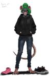 absurd_res anthro barefoot big_ears black_clothing black_hoodie black_topwear bottomwear clothing denim denim_bottomwear denim_clothing feet female footwear fur green_hair grey_body grey_fur grinning_at_viewer hair hi_res hoodie hyena_beans jeans mammal murid murine pants pink_clothing pink_footwear pink_nose pink_socks pink_tail rat red_eyes rodent shoes simple_background skaven sneakers socks solo tail topwear warhammer_(franchise) warp-rat zerathi_darkchest