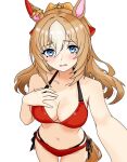  1girl animal_ears bikini blonde_hair blue_eyes blush breasts cleavage collarbone commentary_request cowboy_shot durandal_(umamusume) from_above hair_between_eyes hand_on_own_chest highres horse_ears horse_girl horse_tail large_breasts layered_bikini long_hair multi-strapped_bikini_bottom multi-strapped_bikini_top multicolored_hair navel red_bikini side-tie_bikini_bottom simple_background smapy_sumataku solo stomach streaked_hair swimsuit tail textless_version umamusume white_background white_hair 