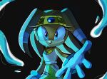  1girl artist_logo black_background blue_eyes blue_theme highres logo looking_at_viewer outstretched_arm solo sonic_(series) sonic_adventure sunsetbriz tikal_the_echidna water 