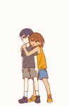  2boys absurdres antenna_hair bailan1130 black_eyes black_hair black_shirt black_shoes blue_shorts bright_pupils brown_hair closed_mouth dark-skinned_male dark_skin full_body grey_shorts highres hug hug_from_behind kel_(faraway)_(omori) kel_(omori) male_focus multiple_boys omori open_mouth orange_shoes orange_tank_top shirt shoes short_hair shorts simple_background sneakers socks sunny_(omori) t-shirt tank_top white_background white_pupils white_socks 