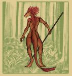 2025 abstract_background absurd_res brown_body digital_media_(artwork) digitigrade dinosaur dirtypaperjoe dromaeosaurid feathered_dinosaur feathered_scalie feathers female hi_res hunter javelin line_art muscular pinup pose prehistoric_species reptile scalie simple_background textured_background theropod velociraptor