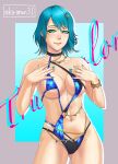  absurdres bikini breasts cowboy_shot dead_or_alive dead_or_alive_xtreme dead_or_alive_xtreme_venus_vacation green_eyes green_hair hair_ornament hands_on_own_chest highres kirishima_(kiriman31) light_smile medium_breasts mismatched_bikini mole mole_under_eye nail_polish navel red_streaks short_hair skindentation swimsuit tamaki_(doa) twitter_username 