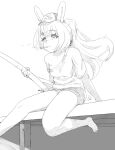  1girl absurdres animal_ears arm_support barefoot cigarette closed_mouth commentary crossed_bangs english_commentary expressionless eyelashes fishing fishing_rod floating_hair foot_out_of_frame greyscale highres holding holding_fishing_rod long_hair monochrome off-shoulder_shirt off_shoulder ozornayashoujo phase_connect pier pipkin_pippa ponytail rabbit_ears rabbit_girl reflection shirt short_shorts short_sleeves shorts sidelocks sitting sketch smoke smoking solo virtual_youtuber waving_legs 