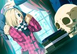  2c=galore :o blonde_hair blurry blush brown_eyes checkered checkered_scarf chestnut_mouth coat curtains depth_of_field dutch_angle dvd_case earmuffs fur_trim hair_over_one_eye highres idolmaster idolmaster_cinderella_girls long_sleeves scarf shirasaka_koume short_hair skull sleeves_past_wrists solo_focus window winter_clothes 