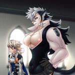 absurd_res ahegarou animal_humanoid breasts canid canid_humanoid canine canine_humanoid corrin_(fire_emblem) corrin_(fire_emblem)_(male) duo femboy fire_emblem fire_emblem_fates fire_emblem_heroes hair hi_res human humanoid keaton_(fire_emblem) long_hair looking_at_breasts male male/male mammal mammal_humanoid nintendo pecs size_difference wolf_humanoid wolfskin