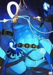  1boy abs absurdres ancient_egyptian animal_ears bara black_sclera blue_fire blue_light claws colored_sclera cowboy_shot dendryte_axxon dislyte drew_(anubis)_(dislyte) fire furry furry_male highres jackal_boy jackal_ears large_pectorals large_penis looking_down male_focus muscular muscular_male nipples pectorals penis precum precum_drip solo yellow_eyes 