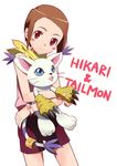  :3 bad_id bad_pixiv_id blush_stickers brown_hair character_name claws digimon digimon_adventure_02 gloves hair_ornament hairclip n-tamaki paw_gloves paws red_eyes scarf short_hair shorts smile tail tail_ring tailmon yagami_hikari 