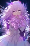 1girl bare_shoulders bouquet breasts castorice_(honkai:_star_rail) commentary dress dress_flower elbow_gloves english_commentary flower gloves hair_between_eyes hair_flower hair_ornament highres holding holding_bouquet honkai:_star_rail honkai_(series) large_breasts long_hair looking_at_viewer may_(maymay271005) pointy_ears purple_eyes purple_gloves purple_hair single_glove solo standing white_dress 
