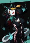  1girl absurdres arknights black_dress black_hair blood breasts chinese_commentary cleavage cleavage_cutout clothing_cutout colored_extremities commentary cowboy_shot cross-laced_clothes cross-laced_dress dragon_girl dragon_horns dragon_tail dress dusk_(arknights) energy fingernails ghosty_(xiaobai) highres hitodama horns jiangshi large_breasts long_fingernails long_hair long_sleeves looking_at_viewer making-of_available navel_cutout no_panties ofuda ofuda_on_head open_mouth orange_eyes pale_skin procreate_(medium) sharp_fingernails solo standing tail wide_sleeves 