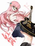  1girl :o \n/ absurdres black_skirt black_socks blue_eyes bocchi_the_rock! chinese_text cube_hair_ornament dated electric_guitar fake_facial_hair fake_mustache feet_out_of_frame gotoh_hitori grey_background guitar hair_ornament heart heart-shaped_eyewear highres holding holding_guitar holding_instrument instrument jacket kneehighs light_blush long_hair long_sidelocks long_sleeves looking_at_viewer miniskirt parted_lips pink_hair pink_jacket pleated_skirt side_ahoge sidelocks signature skirt socks solo standing sunglasses tinted_eyewear track_jacket variant_set yellow-framed_eyewear yisjhui 