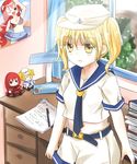  :&gt; aaaabo bad_id bad_pixiv_id blonde_hair blue_sailor_collar blush_stickers book braid bush character_doll curtains desk hat highres kitashirakawa_chiyuri lamp light_rays looking_at_viewer midriff okazaki_yumemi one_eye_closed paper paperclip pen poster_(object) red_eyes red_hair sailor sailor_collar sailor_hat shorts side_ponytail single_braid solo sunbeam sunlight touhou touhou_(pc-98) window yellow_eyes 
