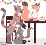 absurd_res ancesra_(ancesra) animal_genitalia animal_penis anthro banner bell bell_collar birthday birthday_cake blush cake candle canid canine canine_genitalia canine_penis chair claws collar cunnilingus dessert eyes_closed fangs female food fox fur fur_markings furniture genitals group heart_symbol hi_res iradeon kerchief kneeling male male/female male/male mammal markings nia_(senz) on_table oral oral_penetration party paws penetration penis procyonid raccoon sean_(senz) senz sex simple_background sitting table tail teeth text tongue tongue_out trio vaginal