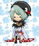  1boy argyle_cape argyle_clothes argyle_shirt black_hat black_pants blue_background blush cape checkered_clothes checkered_pants chibi chibi_only closed_mouth commentary_request detached_sleeves floral_background full_body fur_collar green_hair grey_cape grey_shirt grey_sleeves hat hat_ornament looking_at_viewer male_focus meiko_(nattu303) newsboy_cap pants ragnarok_online shirt short_hair skull_hat_ornament smile solid_circle_eyes solo sorcerer_(ragnarok_online) standing tearing_up waist_cape wide_sleeves 