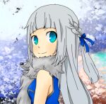  1girl alternate_color animal_around_neck blue_dress blue_eyes blunt_bangs blush braid breasts cherry_blossoms closed_mouth commentary_request dress fox grey_hair half_up_braid long_hair looking_at_viewer looking_to_the_side lowres meiko_(nattu303) professor_(ragnarok_online) ragnarok_online small_breasts smile solo upper_body 