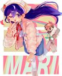  1girl alternate_eye_color alternate_hair_color bag character_doll commentary_request doll flower foot_out_of_frame handbag heart hero_(faraway)_(omori) hero_(omori) jacket lily_of_the_valley long_hair long_sleeves looking_at_viewer mari_(birthday)_(omori) mari_(faraway)_(omori) mari_(omori) omori one_eye_closed open_mouth purple_eyes purple_hair solo standing standing_on_one_leg stuffed_toy thighhighs tokkooyaku v white_jacket white_thighhighs 