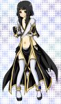  1girl anklet black_gloves black_hair black_pants black_sandals blue_background blush bob_cut closed_mouth commentary_request crop_top fingerless_gloves flat_chest front_slit full_body gloves green_eyes heterochromia jewelry looking_at_viewer meiko_(nattu303) navel pants ragnarok_online red_eyes ribbon-trimmed_thighhighs ribbon_trim sandals shirt short_hair smile solo standing suspenders thighhighs warlock_(ragnarok_online) white_background white_shirt white_thighhighs 
