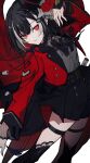  1boy absurdres arm_at_side arm_up armor ascot belt belt_buckle black_ascot black_belt black_boots black_hair black_hat black_shorts bob_cut boots buckle collared_shirt commentary eyeshadow flower grey_shirt hair_between_eyes hat highres jacket japanese_armor kyogoku_masamune lace-trimmed_thighhighs lace_trim lapels long_sleeves looking_at_viewer makeup male_focus multicolored_hair nail_polish notched_lapels open_clothes open_jacket parted_lips rakanama red_eyes red_eyeshadow red_flower red_jacket red_nails red_rose rose shirt short_hair shorts shoulder_armor simple_background single_sode sode solo streaked_hair tassel thigh_boots thigh_strap thighhighs touken_ranbu trap two-tone_hair white_background white_hair wing_collar 