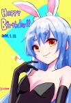  1girl animal_ear_fluff animal_ears bare_shoulders black_gloves black_leotard blue_background blue_hair breasts closed_mouth collarbone commentary_request dated elbow_gloves gloves hair_between_eyes hand_up happy_birthday highres hololive kiritoma leotard long_hair looking_at_viewer pekomon_(usada_pekora) polka_dot polka_dot_background rabbit_ears red_eyes short_eyebrows signature small_breasts smile solo_focus strapless strapless_leotard thick_eyebrows upper_body usada_pekora virtual_youtuber 