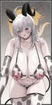  1girl absurdres ahoge animal_print arenbee bare_shoulders bent_over bikini black_choker black_horns breasts choker cleavage cow_print cow_print_bikini cow_print_gloves cow_print_thighhighs curled_horns elbow_gloves gloves grey_hair hair_between_eyes hanging_breasts highres horns huge_breasts inverted_nipples leaning_forward long_hair midriff navel nipples o-ring o-ring_bikini o-ring_top print_bikini print_gloves print_thighhighs see-through_bikini see-through_clothes solo swimsuit thighhighs thighs veins veiny_breasts wuthering_waves zani_(wuthering_waves) 