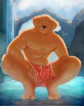anthro blush bulge canid canine canis clothing dog_man_(character) dog_man_(series) domestic_dog fur gabeccoon hi_res male mammal smile solo tagme water