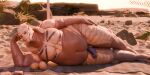 2:1 3d_(artwork) alien animal_genitalia beach beach_towel belly bioware black_nails blue_eyes bodypaint coconut colored_nails digital_media_(artwork) drupe_(fruit) electronic_arts erection food fruit genital_slit genitals hand_on_leg hand_on_thigh hi_res kagekave lying male mass_effect nails nude on_side on_towel outside overweight overweight_male penis plant purple_penis rock sand sollas solo teeth towel turian
