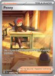  1girl artist_name black_hoodie blue_hair card_(medium) character_name classroom closed_mouth company_name copyright_name copyright_notice desk eevee_backpack english_text glasses head_rest holding holding_poke_ball hood hood_down hoodie indoors light_particles long_sleeves multicolored_hair official_art okacheke paper penny_(pokemon) plant poke_ball poke_ball_(basic) poke_ball_print pokemon pokemon_card pokemon_sv pokemon_tcg red_hair round_eyewear school_desk short_hair sitting smile solo sunlight third-party_source trading_card two-tone_hair very_short_hair window 