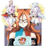  3girls absurdres android_21 angel angel_and_devil angel_wings bare_shoulders black_sleeves black_tube_top blue_dress blue_eyes brown_hair checkered_clothes checkered_dress closed_eyes colored_skin demon_girl demon_horns demon_wings detached_sleeves dragon_ball dragon_ball_fighterz dress earrings eyelashes fang feathered_wings grey_hair halo harem_pants highres hoop_earrings horns jewelry long_hair majin_android_21 multiple_girls pants pink_skin red_dress red_eyes red_wings silverwoodwork strapless tube_top two-tone_dress upp white_pants wings 