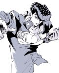  1boy arms_up closed_mouth cocoyy collarbone collared_jacket commentary_request cropped_legs diamond_wa_kudakenai earrings fingernails gakuran hair_over_one_eye heart higashikata_josuke jacket jewelry jojo_no_kimyou_na_bouken long_sleeves male_focus one_eye_covered peace_symbol piercing pompadour popped_collar school_uniform simple_background smile solo stud_earrings white_background 