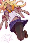  1girl black_pantyhose blonde_hair breasts dark-skinned_female dark_skin fingernails gravity_daze gravity_daze_2 hairband highres kitten_(gravity_daze) long_hair looking_at_viewer midriff_peek nail_polish open_mouth pantyhose pink_nails pungter red_eyes school_uniform simple_background skirt solo thick_thighs thighs white_background 