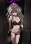  1girl absurdres ahoge black_bra black_halo black_panties blue_archive bra breasts demon_girl demon_horns demon_wings grin halo highres hina_(blue_archive) horns l.muhuo long_hair looking_at_viewer navel open_door panties purple_eyes small_breasts smile solo standing underwear white_hair wings 