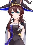  1girl absurdres ambience_synesthesia amiya_(arknights) amiya_(medic)_(arknights) amiya_(medic)_(solo_around_the_world)_(arknights) animal_ears arknights arms_behind_back black_cape black_hat blue_eyes blue_hat brown_hair cape chinese_commentary closed_mouth collarbone commentary dio_ren_bi_li ears_through_headwear frilled_hat frills grey_cape hair_between_eyes hat highres light_blush long_hair official_alternate_costume simple_background smile solo two-sided_cape two-sided_fabric two-sided_headwear white_background witch_hat 