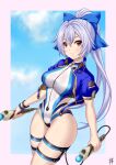  1girl blue_bow blue_jacket blue_one-piece_swimsuit blue_sky blush bow breasts controller fate/grand_order fate_(series) guriguri_(arayotto4351) hair_between_eyes hair_bow highleg highleg_one-piece_swimsuit highres jacket large_breasts long_hair looking_at_viewer one-piece_swimsuit open_clothes open_jacket ponytail red_eyes short_sleeves sky smile solo swimsuit thigh_strap thighs tomoe_gozen_(fate) tomoe_gozen_(swimsuit_saber)_(first_ascension)_(fate) two-tone_swimsuit white_hair white_one-piece_swimsuit wristband 
