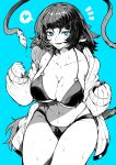  1girl absurdres animal_ears bikini blue_background blue_eyes breasts collarbone commentary_request cowboy_shot greyscale_with_colored_background heart highres jacket jane_doe_(zenless_zone_zero) large_breasts looking_at_viewer mouse_ears mouse_girl mouse_tail navel o-ring o-ring_top open_clothes open_jacket open_mouth simple_background sleeves_past_wrists solo spoken_heart swimsuit tail yotsumi_shiro zenless_zone_zero 