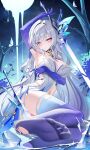  1girl absurdres arm_under_breasts armpits ass blush breasts chinese_commentary commentary_request dress feet genshin_impact gradient_thighhighs highres holding holding_sword holding_weapon jndfh large_breasts large_variant_set long_hair looking_at_viewer navel night night_sky no_prosthetic_leg no_shoes parted_lips prosthesis prosthetic_arm purple_thighhighs sitting skirk_(genshin_impact) sky solo stomach sword thighhighs variant_set weapon white_dress white_hair yokozuwari 