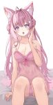  1girl :o absurdres animal_ear_fluff antenna_hair arm_at_side arm_support armpit_crease babydoll bed_sheet blush bow bow_babydoll braid braided_bun breasts cameltoe cleavage collarbone commentary_request crotch_seam crown_braid double_bun fang feet_out_of_frame frilled_babydoll frills hair_bun hakui_koyori hand_up hexagon_hair_ornament highres hololive large_breasts long_hair looking_at_viewer mons_pubis navel no_pants on_bed open_mouth panties pink_babydoll pink_bow pink_hair pink_panties purple_eyes see-through_babydoll see-through_clothes simple_background sitting solo stomach straight-on tonton_utaro two_side_up underwear very_long_hair virtual_youtuber white_background wispy_bangs 