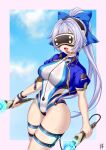  1girl blue_bow blue_jacket blue_one-piece_swimsuit blue_sky blush bow breasts controller fate/grand_order fate_(series) guriguri_(arayotto4351) hair_bow head-mounted_display headset highleg highleg_one-piece_swimsuit highres jacket large_breasts long_hair one-piece_swimsuit open_clothes open_jacket open_mouth ponytail short_sleeves sky smile solo swimsuit thigh_strap thighs tomoe_gozen_(fate) tomoe_gozen_(swimsuit_saber)_(first_ascension)_(fate) two-tone_swimsuit white_hair white_one-piece_swimsuit wristband 