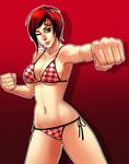  bandaid bikini breasts brown_eyes checkered checkered_bikini clenched_hands dead_or_alive dead_or_alive_5 greenmarine large_breasts lips mila_(doa) one_eye_closed punching red_hair short_hair side-tie_bikini sideboob solo swimsuit underboob 