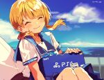  1boy 1girl ^_^ artist_name back-to-back belt black_belt black_pants blonde_hair blue_neckerchief blue_sailor_collar blue_skirt blue_sky box closed_eyes closed_mouth cloud commentary game_console happy highres horizon kuroda_(kuro_yyy) low_twintails makoto_(kuroda_(kuro_yyy)) neckerchief object_on_lap ocean original pants playstation_4 pleated_skirt price_tag sailor_collar school_uniform serafuku shirt short_sleeves signature sitting skirt sky smile solo_focus twintails white_shirt 