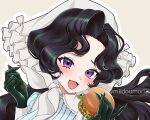  1girl :d anjo_nala black_hair burger coif food gloves green_gloves grey_background hands_up hat holding holding_burger holding_food long_hair looking_at_viewer milmil7 neckerchief pinstripe_pattern pinstripe_shirt portrait purple_eyes reverse:1999 shirt smile solo striped_clothes striped_shirt twitter_username vertical-striped_clothes vertical-striped_shirt white_hat white_neckerchief white_shirt 