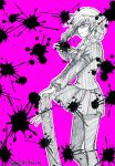  1girl braid closed_mouth commentary_request danganronpa_(series) floating_hair glasses highres hololive kiritoma long_hair long_sleeves pantyhose pink_background pleated_skirt puffy_long_sleeves puffy_sleeves school_uniform shirt skirt solo standing twin_braids twintails twitter_username usada_pekora virtual_youtuber 